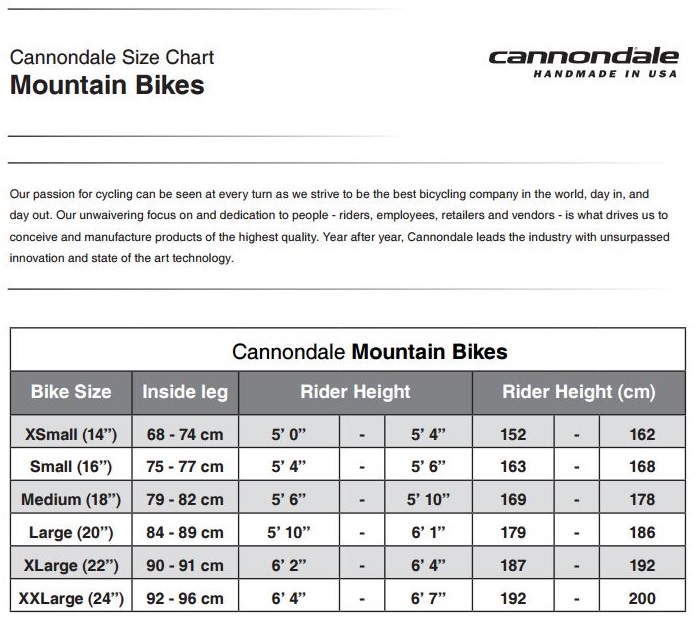 cannondale mountain bike frame size chart